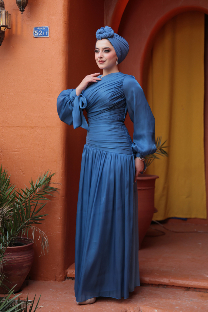 Tesettürlü Abiye Elbise - Drape Detaylı Lacivert Tesettür Abiye Elbise 53631L - 1