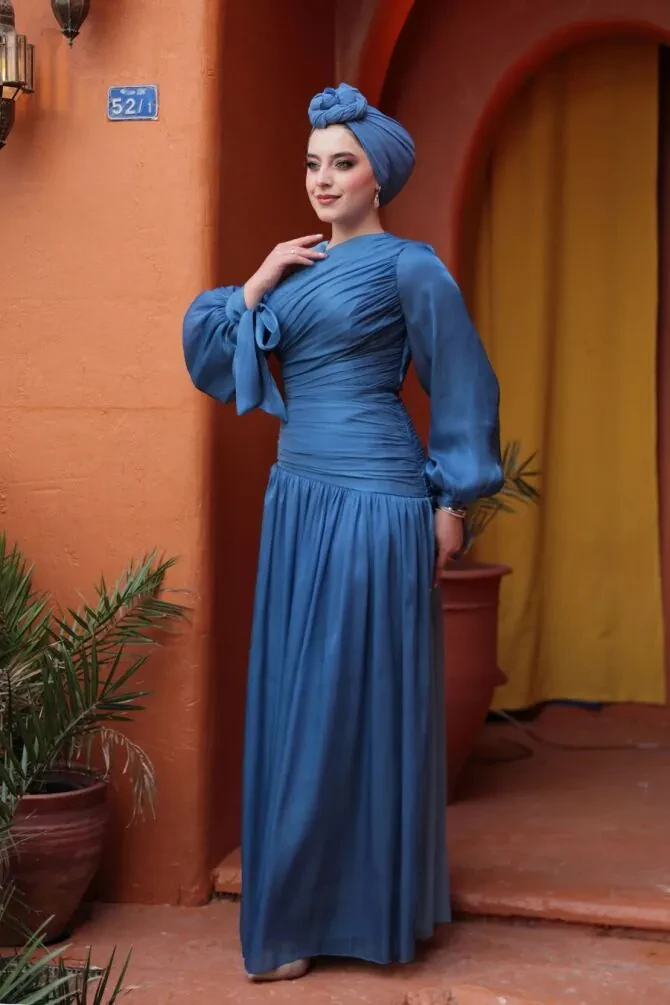 Tesettürlü Abiye Elbise - Drape Detaylı Lacivert Tesettür Abiye Elbise 53631L - 1