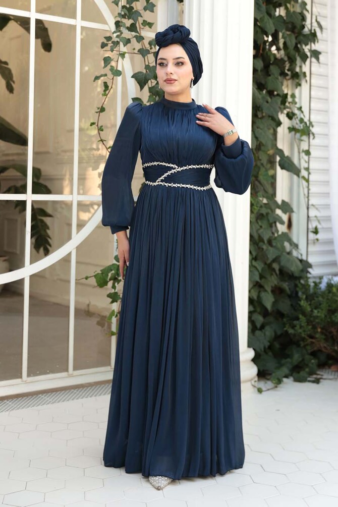 Tesettürlü Abiye Elbise - Drape Detaylı Lacivert Tesettür Abiye Elbise 54041L - 2