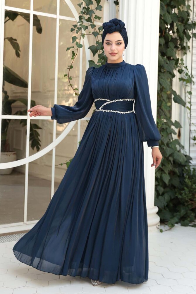 Tesettürlü Abiye Elbise - Drape Detaylı Lacivert Tesettür Abiye Elbise 54041L - 3