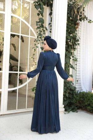 Tesettürlü Abiye Elbise - Drape Detaylı Lacivert Tesettür Abiye Elbise 54041L - 4