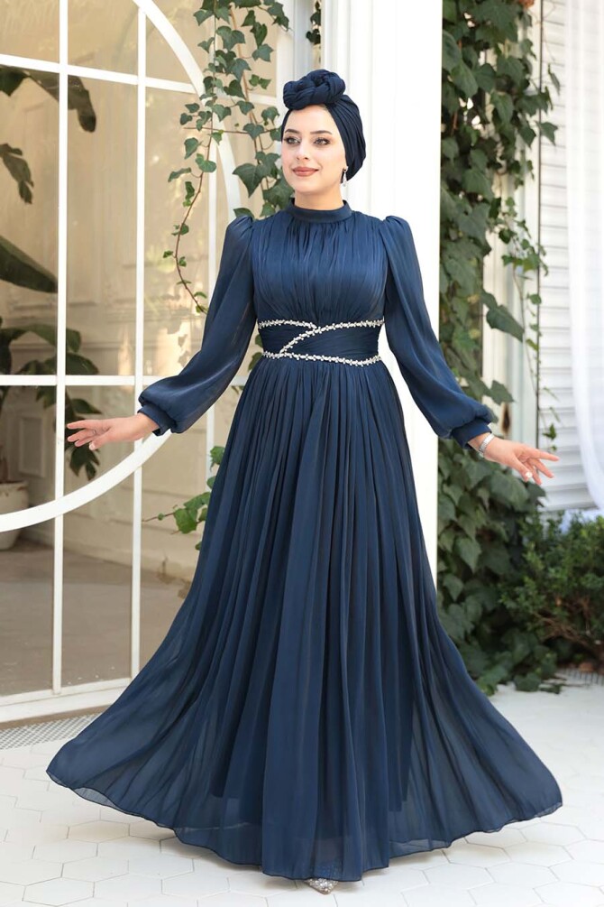 Tesettürlü Abiye Elbise - Drape Detaylı Lacivert Tesettür Abiye Elbise 54041L - N.S NEVA STYLE