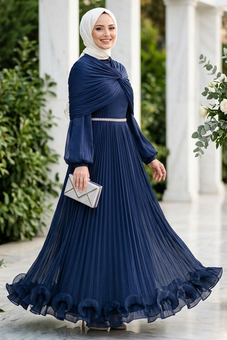 Tesettürlü Abiye Elbise - Drape Detaylı Lacivert Tesettür Abiye Elbise 56371L