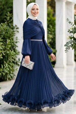 Tesettürlü Abiye Elbise - Drape Detaylı Lacivert Tesettür Abiye Elbise 56371L - 1