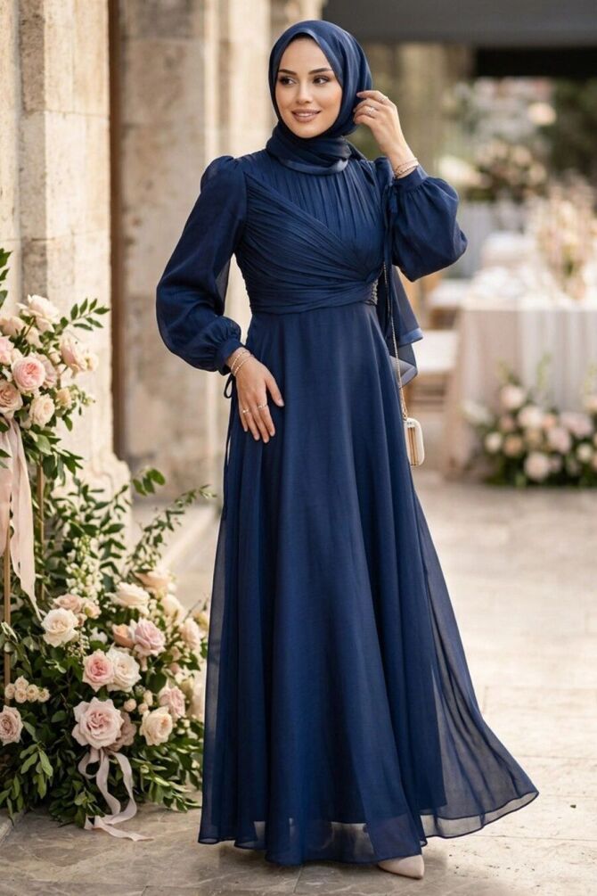 Tesettürlü Abiye Elbise - Drape Detaylı Lacivert Tesettür Abiye Elbise 62201L - 1