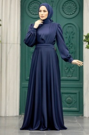 Tesettürlü Abiye Elbise - Drape Detaylı Lacivert Tesettür Saten Abiye Elbise 40621L - Thumbnail