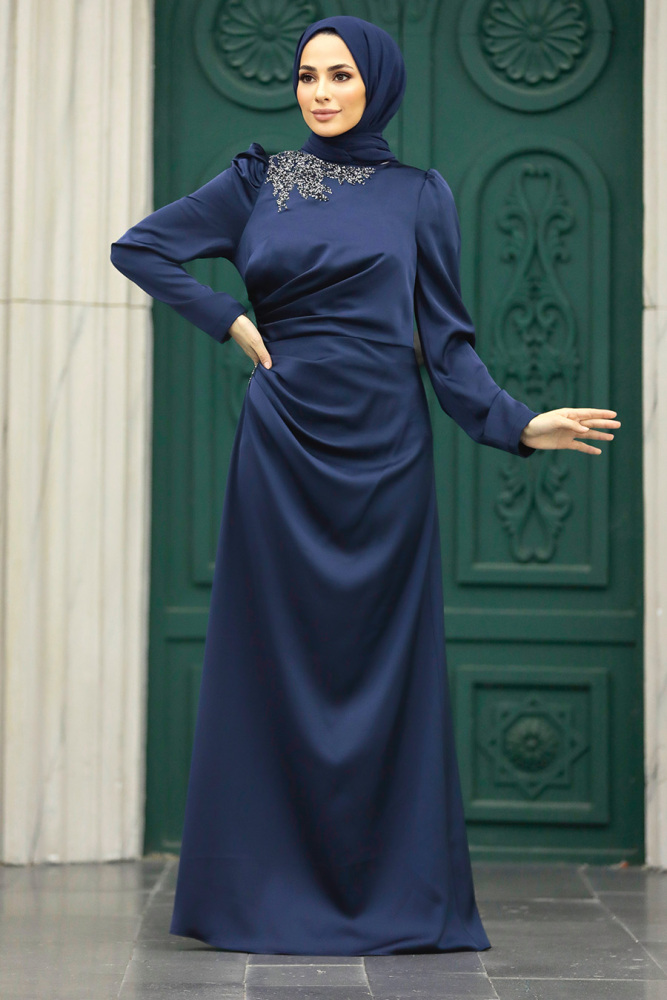 Tesettürlü Abiye Elbise - Drape Detaylı Lacivert Tesettür Saten Abiye Elbise 40773L - 2