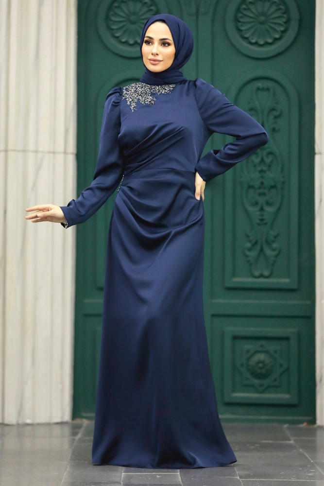 Tesettürlü Abiye Elbise - Drape Detaylı Lacivert Tesettür Saten Abiye Elbise 40773L - 1