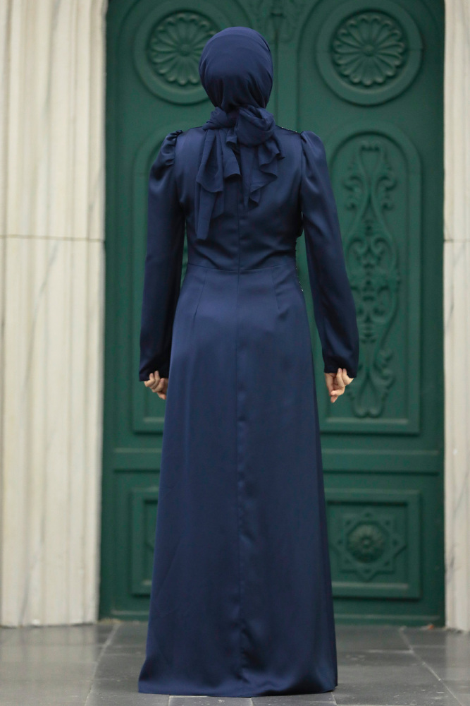 Tesettürlü Abiye Elbise - Drape Detaylı Lacivert Tesettür Saten Abiye Elbise 40773L - 3