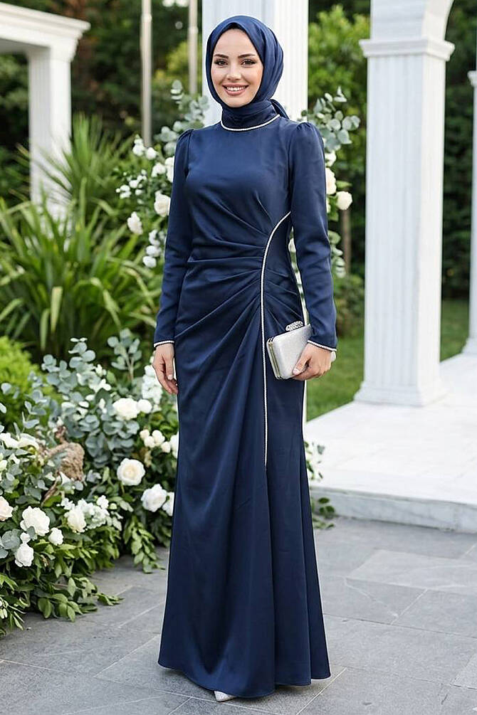Tesettürlü Abiye Elbise - Drape Detaylı Lacivert Tesettür Saten Abiye Elbise 46681L - 1