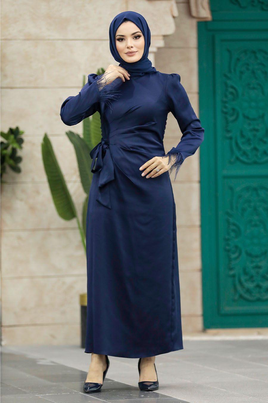 Tesettürlü Abiye Elbise - Drape Detaylı Lacivert Tesettür Saten Abiye Elbise 5921L
