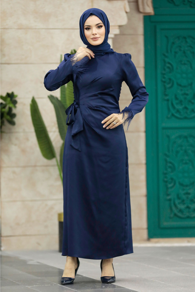Tesettürlü Abiye Elbise - Drape Detaylı Lacivert Tesettür Saten Abiye Elbise 5921L - 2