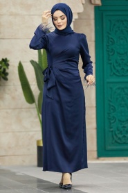 Tesettürlü Abiye Elbise - Drape Detaylı Lacivert Tesettür Saten Abiye Elbise 5921L - Thumbnail