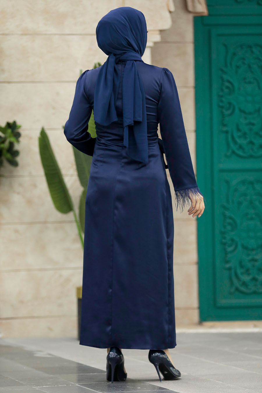 Tesettürlü Abiye Elbise - Drape Detaylı Lacivert Tesettür Saten Abiye Elbise 5921L
