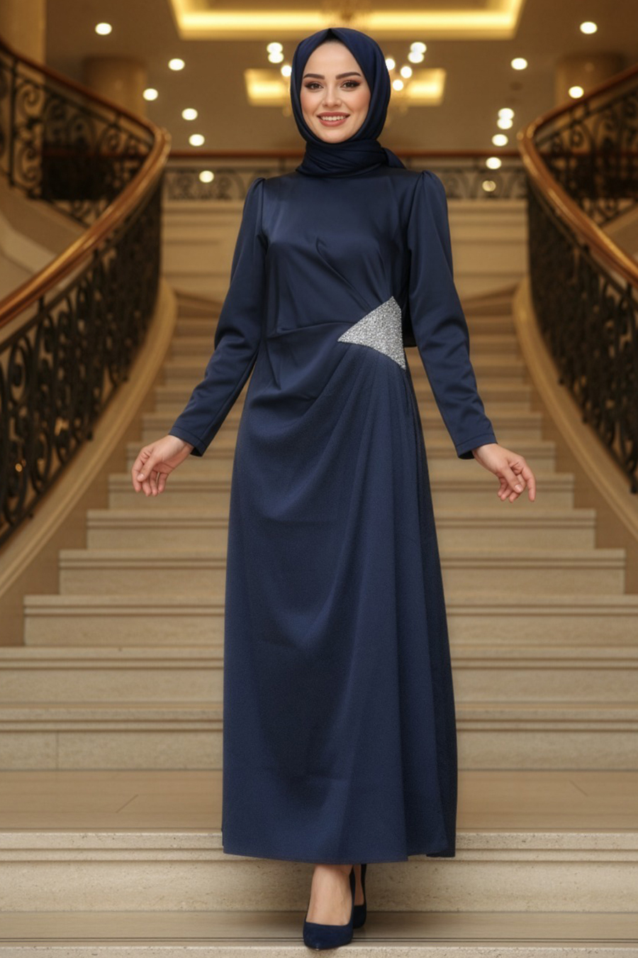Tesettürlü Abiye Elbise - Drape Detaylı Lacivert Tesettür Saten Abiye Elbise 5940L