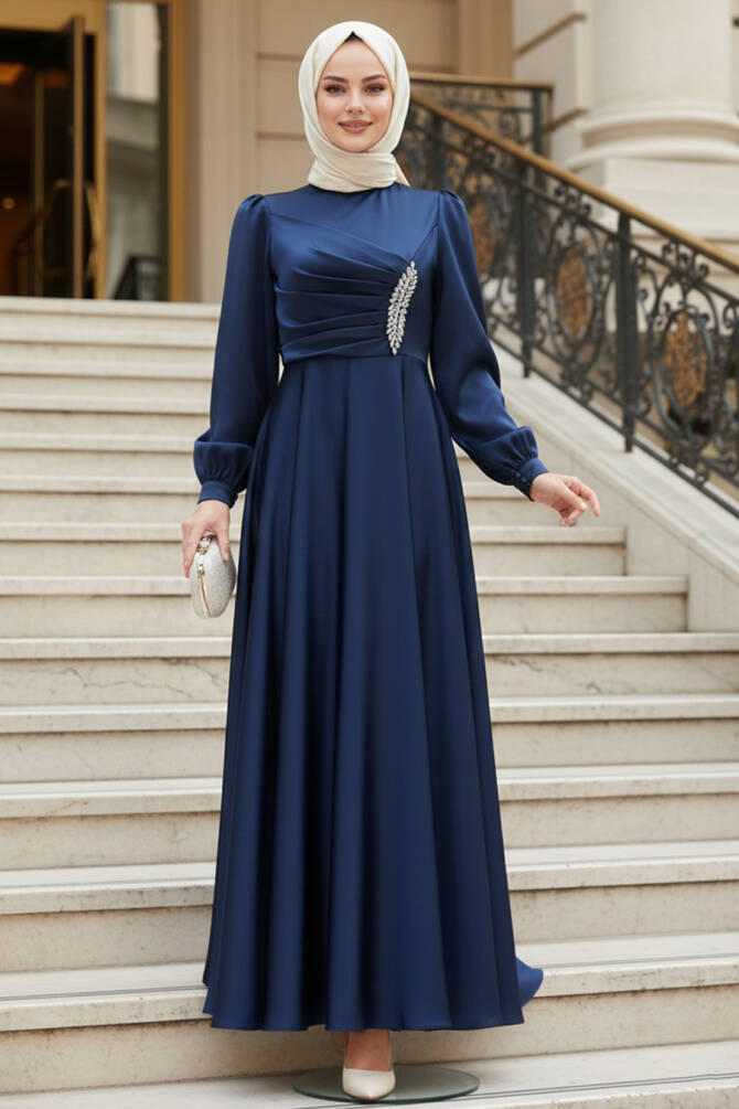 Tesettürlü Abiye Elbise - Drape Detaylı Lacivert Tesettür Saten Abiye Elbise 6261L - 1