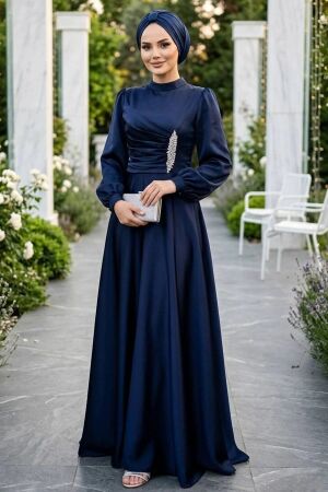 Tesettürlü Abiye Elbise - Drape Detaylı Lacivert Tesettür Saten Abiye Elbise 6261L 