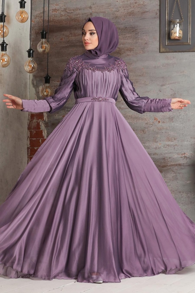Tesettürlü Abiye Elbise - Drape Detaylı Lila Tesettür Abiye Elbise 21881LILA - 1
