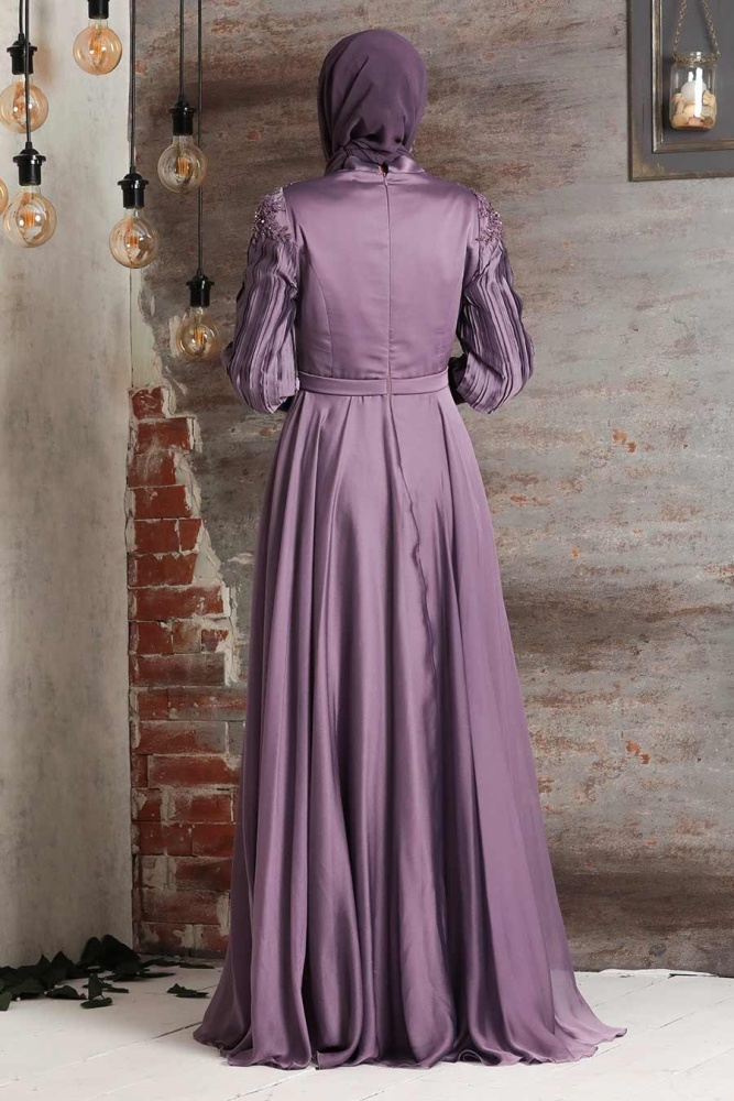 Tesettürlü Abiye Elbise - Drape Detaylı Lila Tesettür Abiye Elbise 21881LILA - 2
