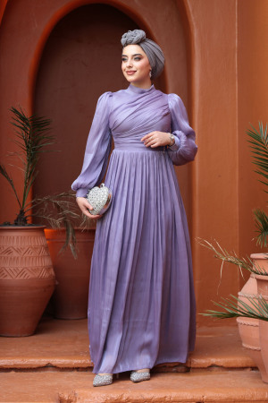 Tesettürlü Abiye Elbise - Drape Detaylı Lila Tesettür Abiye Elbise 44081LILA - 2