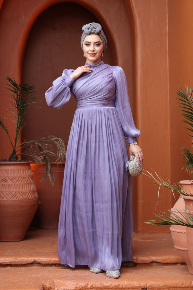 Tesettürlü Abiye Elbise - Drape Detaylı Lila Tesettür Abiye Elbise 44081LILA - 3