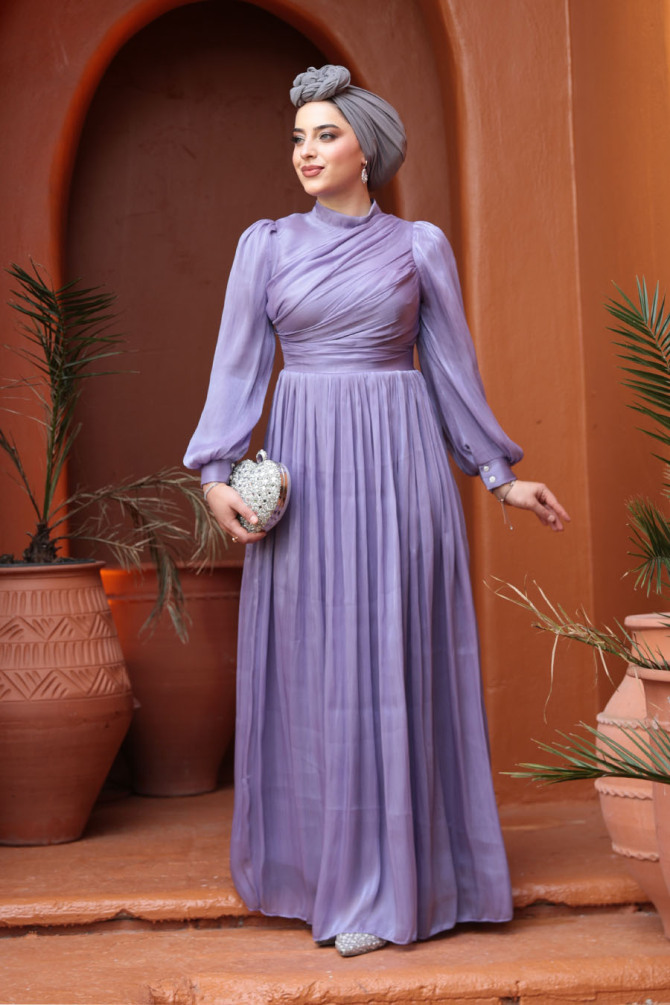 Tesettürlü Abiye Elbise - Drape Detaylı Lila Tesettür Abiye Elbise 44081LILA - 1