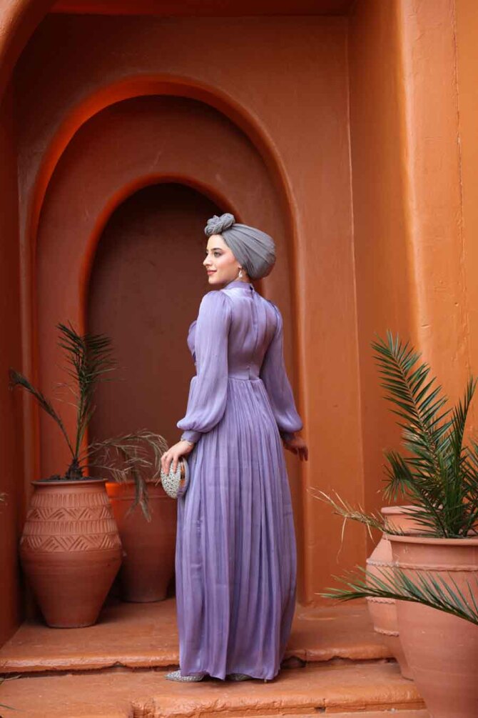 Tesettürlü Abiye Elbise - Drape Detaylı Lila Tesettür Abiye Elbise 44081LILA - 4