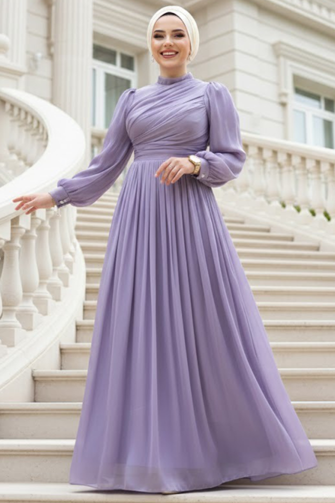 Tesettürlü Abiye Elbise - Drape Detaylı Lila Tesettür Abiye Elbise 44081LILA - 1