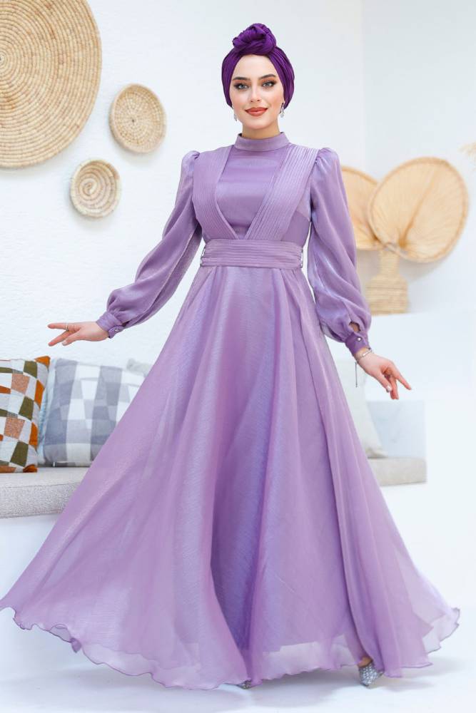 Tesettürlü Abiye Elbise - Drape Detaylı Lila Tesettür Abiye Elbise 45701LILA - 1