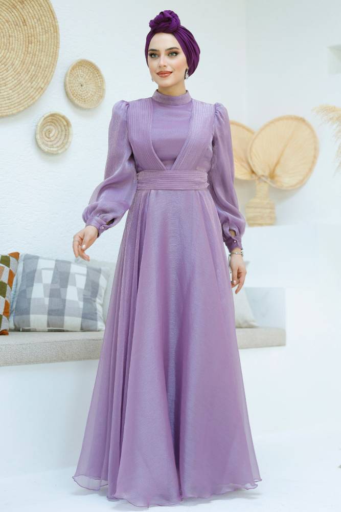 Tesettürlü Abiye Elbise - Drape Detaylı Lila Tesettür Abiye Elbise 45701LILA - 3