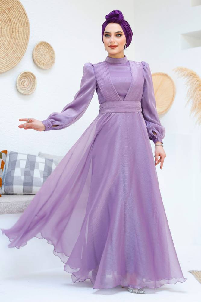 Tesettürlü Abiye Elbise - Drape Detaylı Lila Tesettür Abiye Elbise 45701LILA - 2