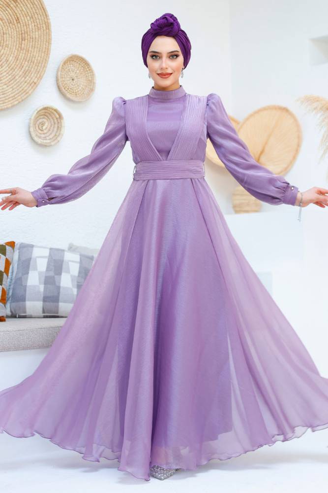 Tesettürlü Abiye Elbise - Drape Detaylı Lila Tesettür Abiye Elbise 45701LILA - 4