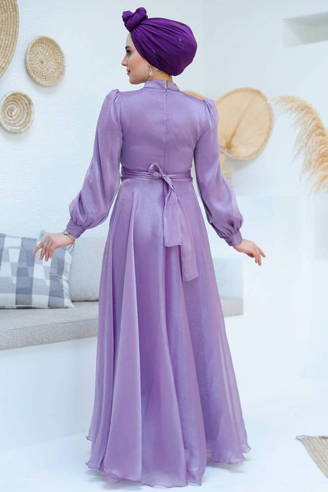 Tesettürlü Abiye Elbise - Drape Detaylı Lila Tesettür Abiye Elbise 45701LILA - 5