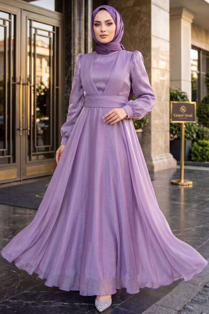 Tesettürlü Abiye Elbise - Drape Detaylı Lila Tesettür Abiye Elbise 45701LILA - 1
