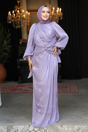 Tesettürlü Abiye Elbise - Drape Detaylı Lila Tesettür Abiye Elbise 47261LILA - 1