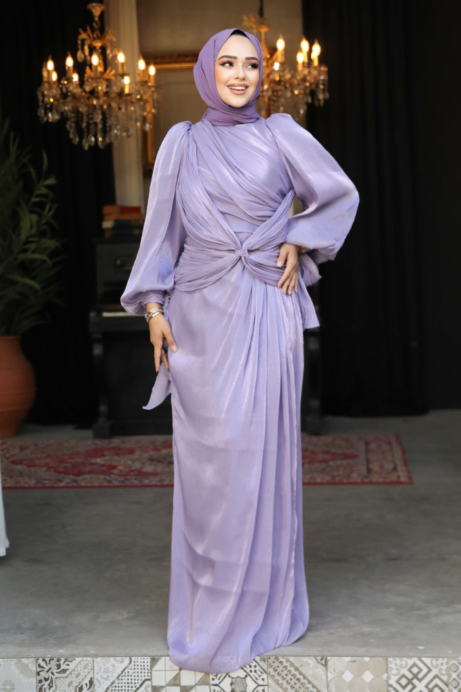 Tesettürlü Abiye Elbise - Drape Detaylı Lila Tesettür Abiye Elbise 47261LILA - 1
