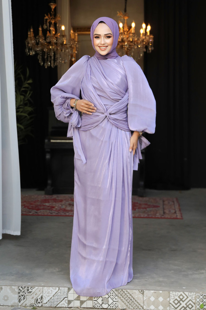 Tesettürlü Abiye Elbise - Drape Detaylı Lila Tesettür Abiye Elbise 47261LILA - 2
