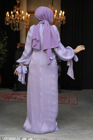 Tesettürlü Abiye Elbise - Drape Detaylı Lila Tesettür Abiye Elbise 47261LILA - 3