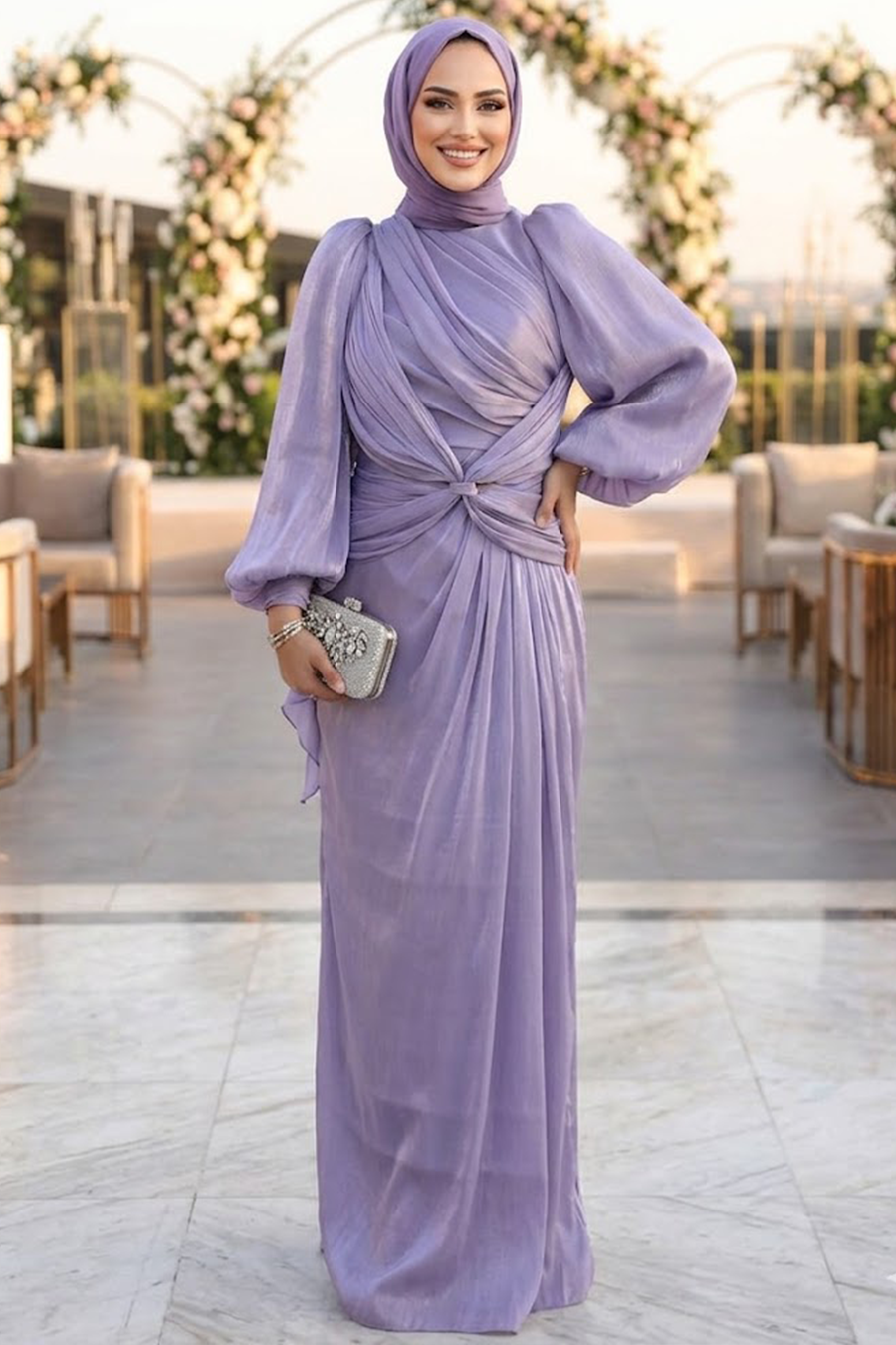 Tesettürlü Abiye Elbise - Drape Detaylı Lila Tesettür Abiye Elbise 47261LILA
