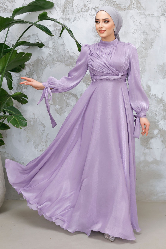 Tesettürlü Abiye Elbise - Drape Detaylı Lila Tesettür Abiye Elbise 4823LILA - 1