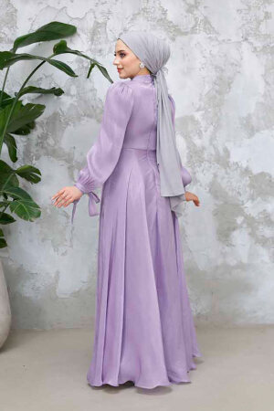 Tesettürlü Abiye Elbise - Drape Detaylı Lila Tesettür Abiye Elbise 4823LILA - 3