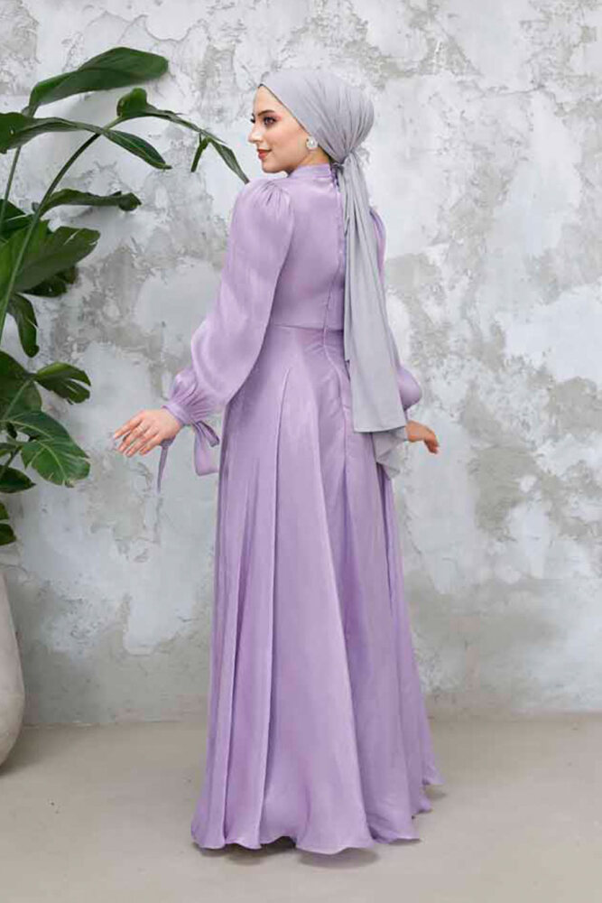 Tesettürlü Abiye Elbise - Drape Detaylı Lila Tesettür Abiye Elbise 4823LILA - 3