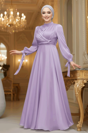Tesettürlü Abiye Elbise - Drape Detaylı Lila Tesettür Abiye Elbise 4823LILA 
