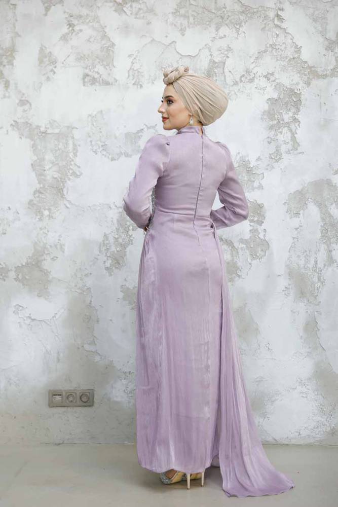 Tesettürlü Abiye Elbise - Drape Detaylı Lila Tesettür Abiye Elbise 4919LILA - 4