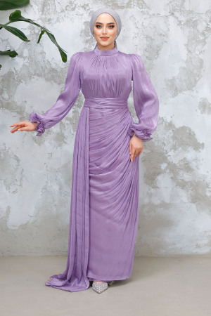 Tesettürlü Abiye Elbise - Drape Detaylı Lila Tesettür Abiye Elbise 4934LILA - 2
