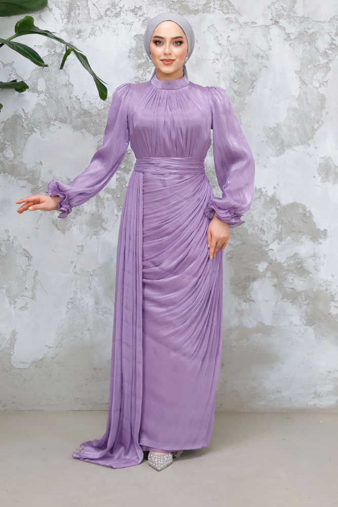 Tesettürlü Abiye Elbise - Drape Detaylı Lila Tesettür Abiye Elbise 4934LILA - 2