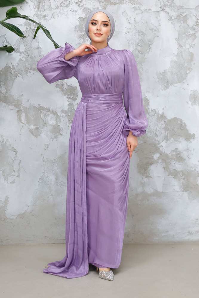 Tesettürlü Abiye Elbise - Drape Detaylı Lila Tesettür Abiye Elbise 4934LILA - 3