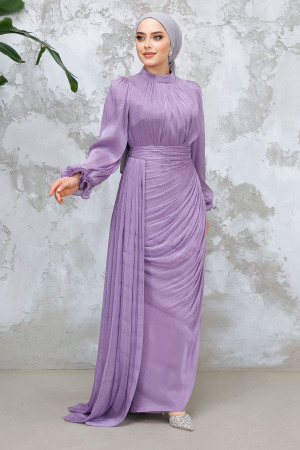 Tesettürlü Abiye Elbise - Drape Detaylı Lila Tesettür Abiye Elbise 4934LILA - 1