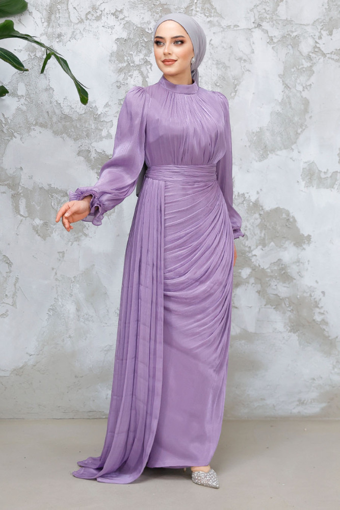 Tesettürlü Abiye Elbise - Drape Detaylı Lila Tesettür Abiye Elbise 4934LILA - 1