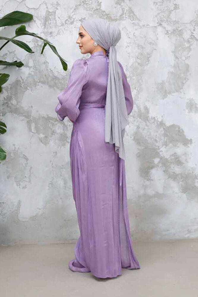 Tesettürlü Abiye Elbise - Drape Detaylı Lila Tesettür Abiye Elbise 4934LILA - 4